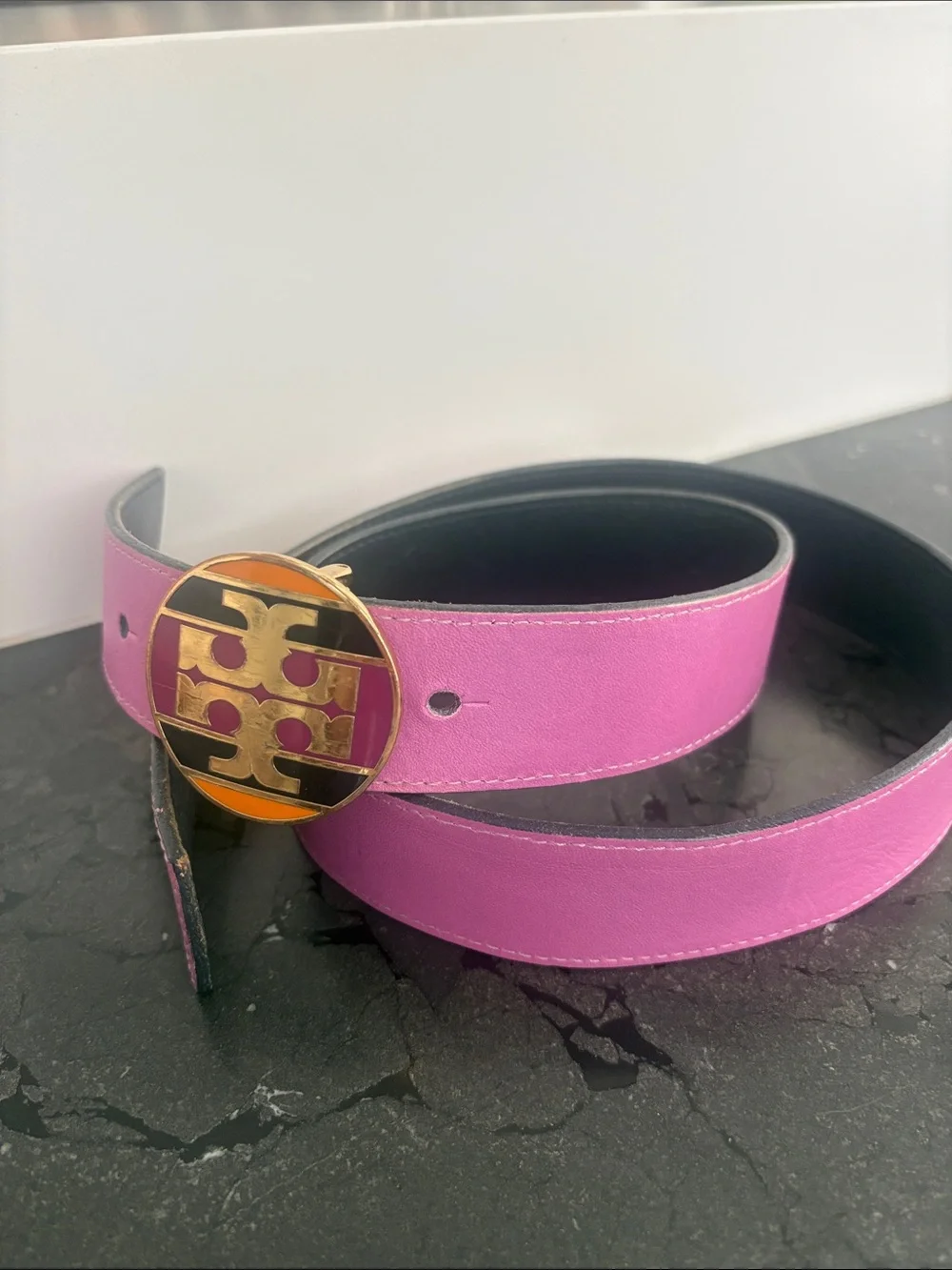 Tory Burch Bright Pink Leather Belt with Gold Logo Buckle